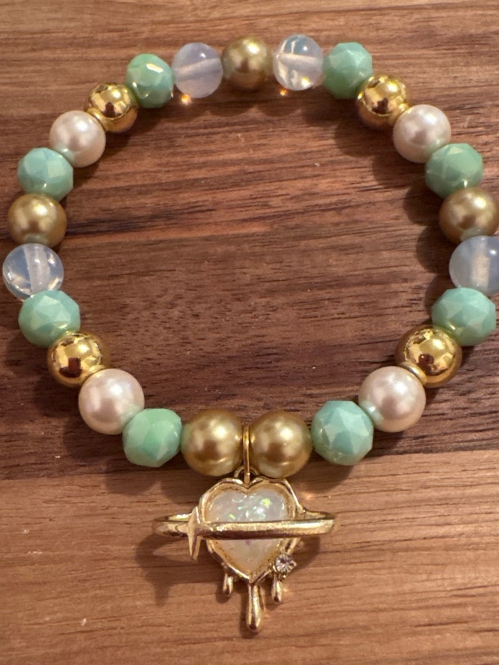 Handmade Gold & Mint Beaded Heart Charm Bracelet